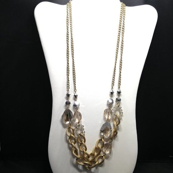 Gold Tone Statement Necklace with Faceted Crystal Beads 29 Inch Long Chain - Picture 9 of 10